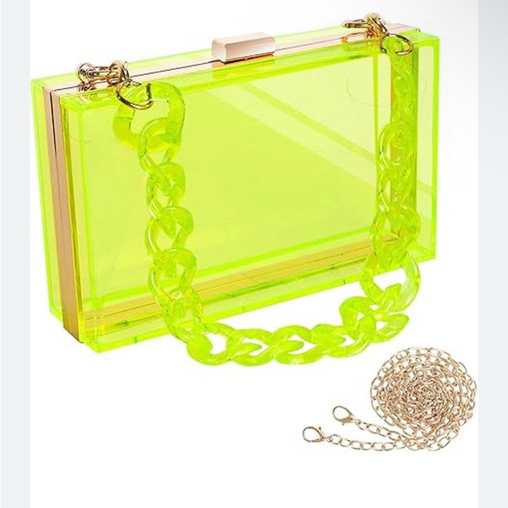 Lucite plexi clutch or crossbody handbag with gold chain strap and lucite strap